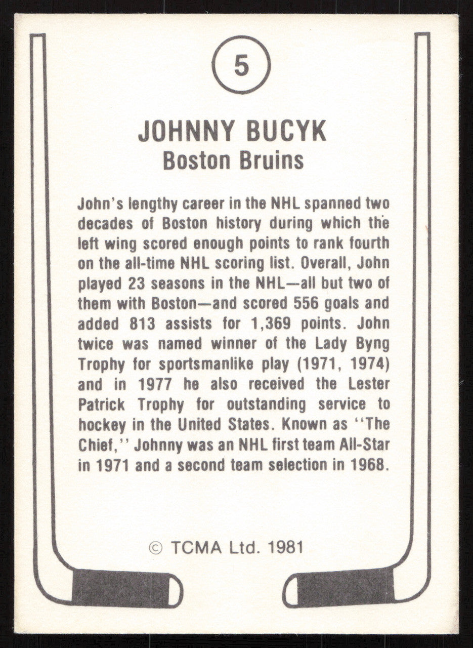 John Johnny Bucyk Autographed 1981 TCMA Card #5 Boston Bruins SKU #258871