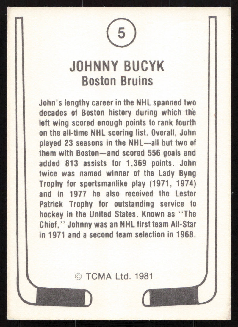 John Johnny Bucyk Autographed 1981 TCMA Card #5 Boston Bruins SKU #258871