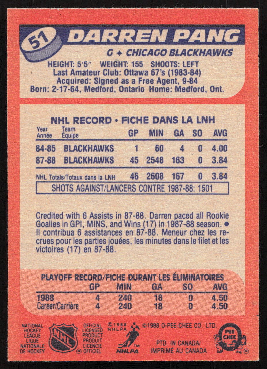 Darren Pang Autographed 1988-89 O-Pee-Chee Rookie Card #51 Chicago Blackhawks SKU #258876