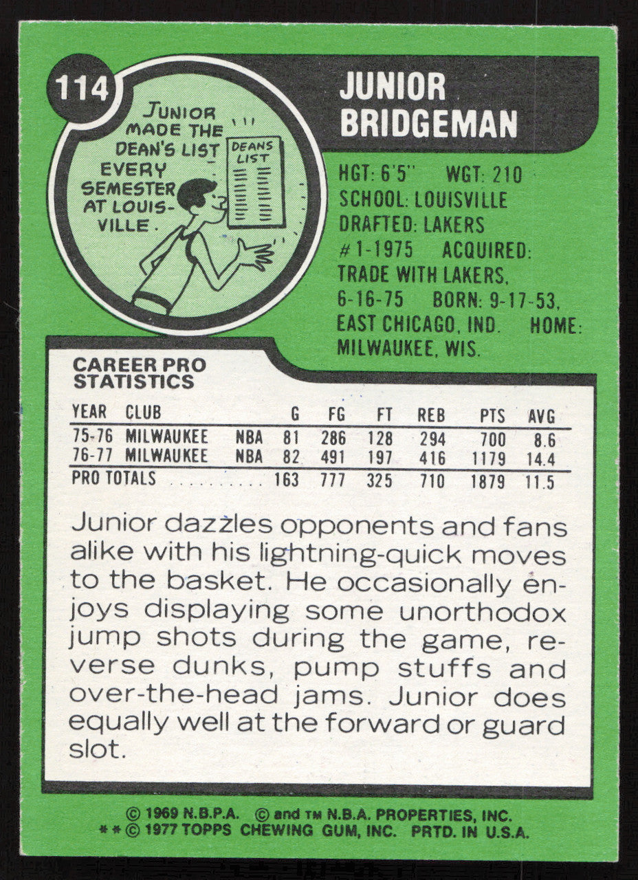 Junior Bridgeman Autographed 1977-78 Topps Card #114 Milwaukee Bucks SKU #258888