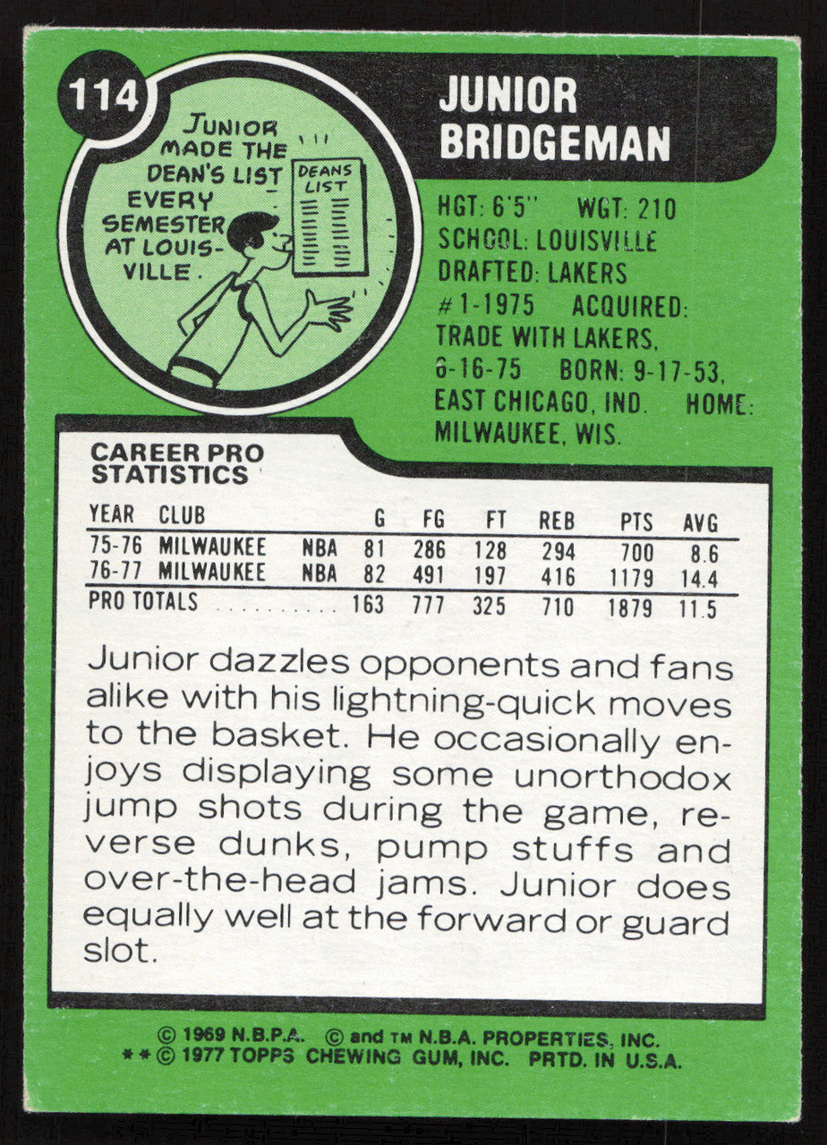 Junior Bridgeman Autographed 1977-78 Topps Card #114 Milwaukee Bucks SKU #258889