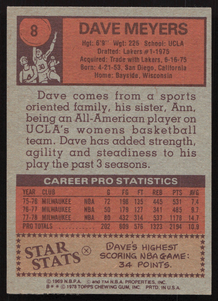 Dave Meyers Autographed 1978-79 Topps Card #8 Milwaukee Bucks SKU #258916