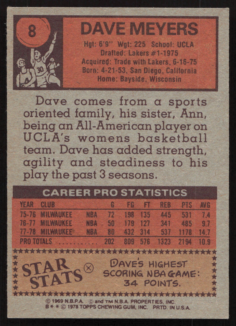 Dave Meyers Autographed 1978-79 Topps Card #8 Milwaukee Bucks SKU #258917