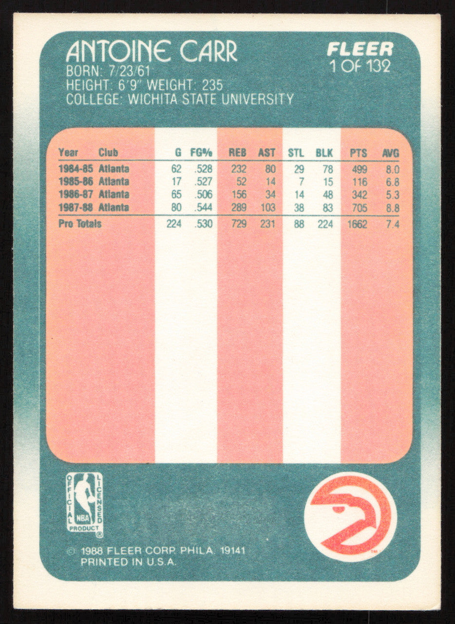 Antoine Carr Autographed 1988-89 Fleer Card #1 Atlanta Hawks SKU #258938