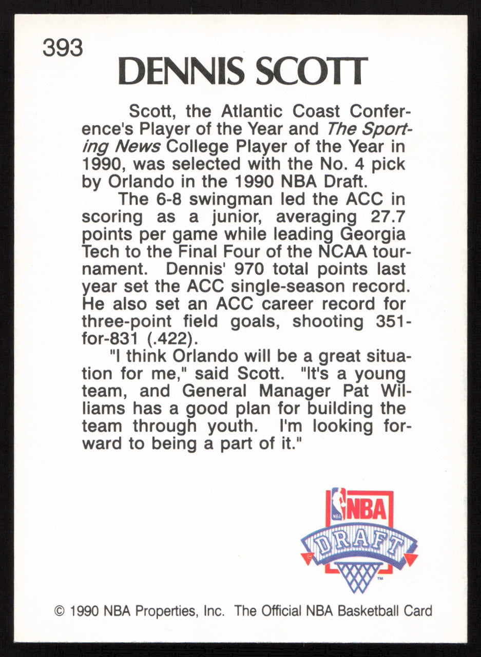 Dennis Scott Autographed 1990-91 Hoops Rookie Card #393 Orlando Magic SKU #259003