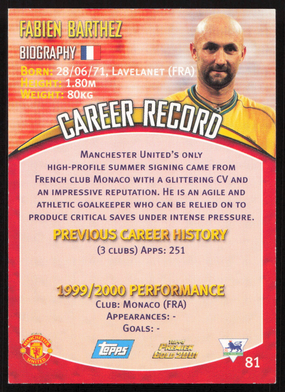 Fabien Barthez Autographed 2001 Topps Premier Gold Card #81 Manchester United SKU #259050