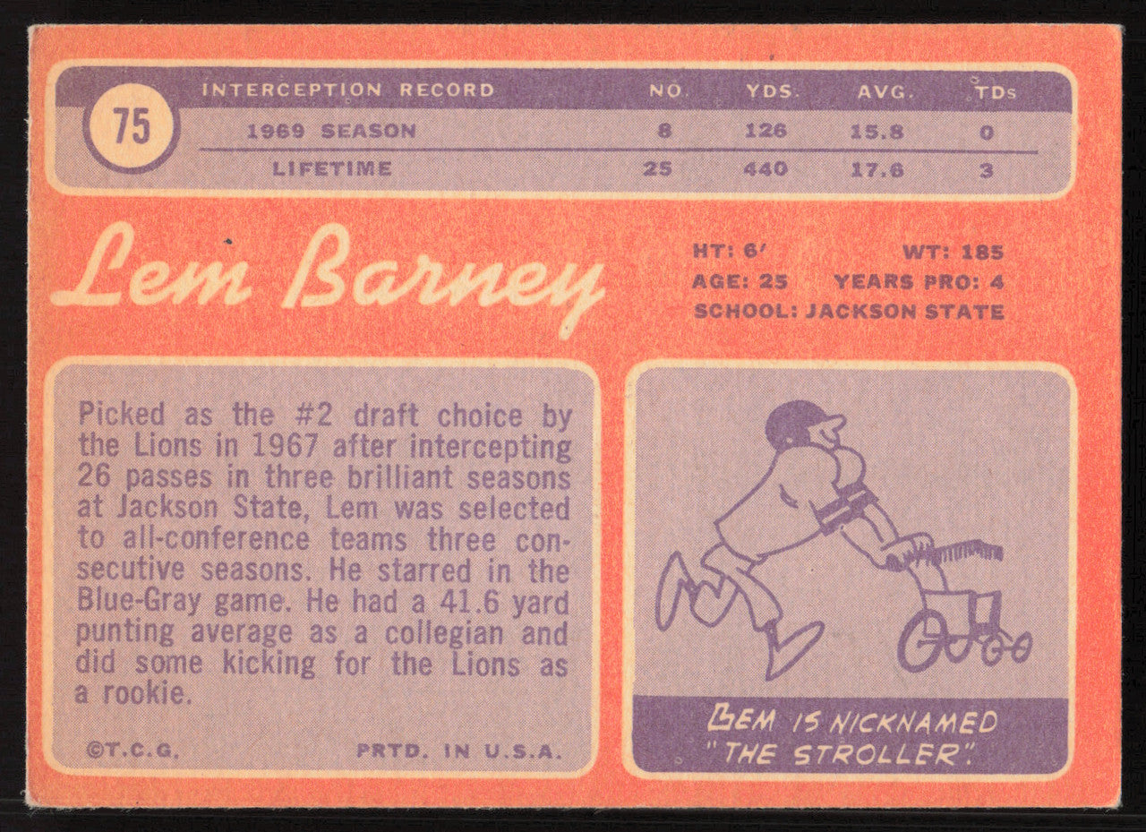 Lem Barney Autographed 1970 Topps Card #75 Detroit Lions "HOF 92" SKU #259100