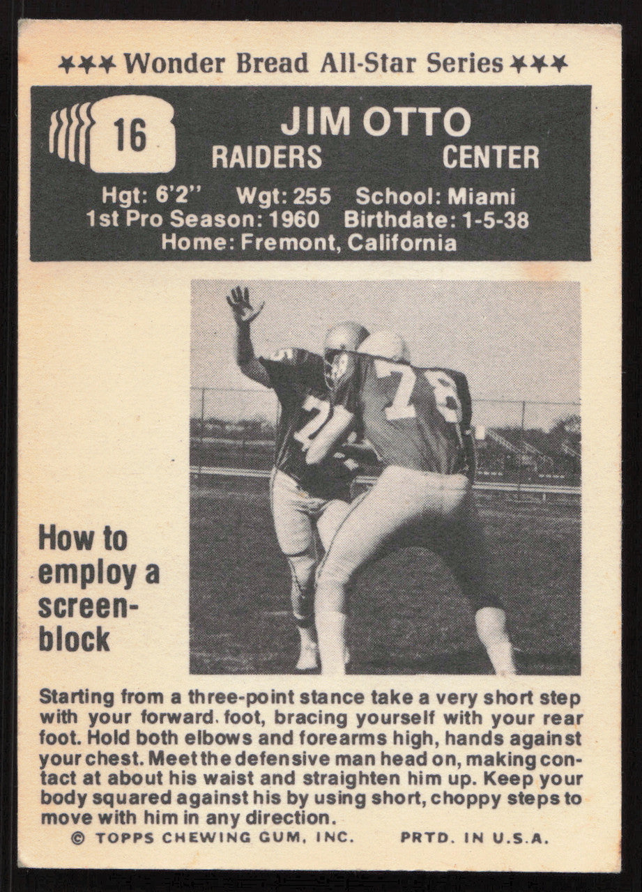 Jim Otto Autographed 1974 Wonder Bread Card #16 Oakland Raiders SKU #259102