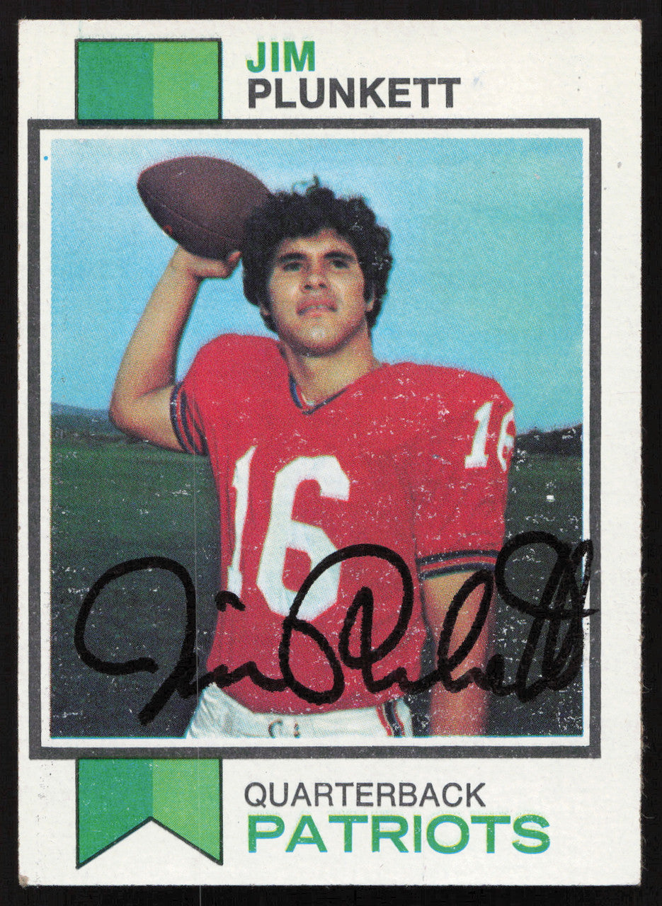 Jim Plunkett Autographed 1973 Topps Card #355 New England Patriots SKU #259129