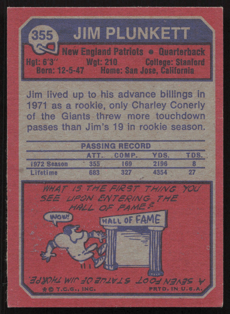 Jim Plunkett Autographed 1973 Topps Card #355 New England Patriots SKU #259129