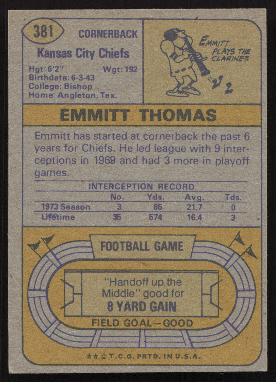 Emmitt Thomas Autographed 1974 Topps Card #381 Kansas City Chiefs SKU #259142