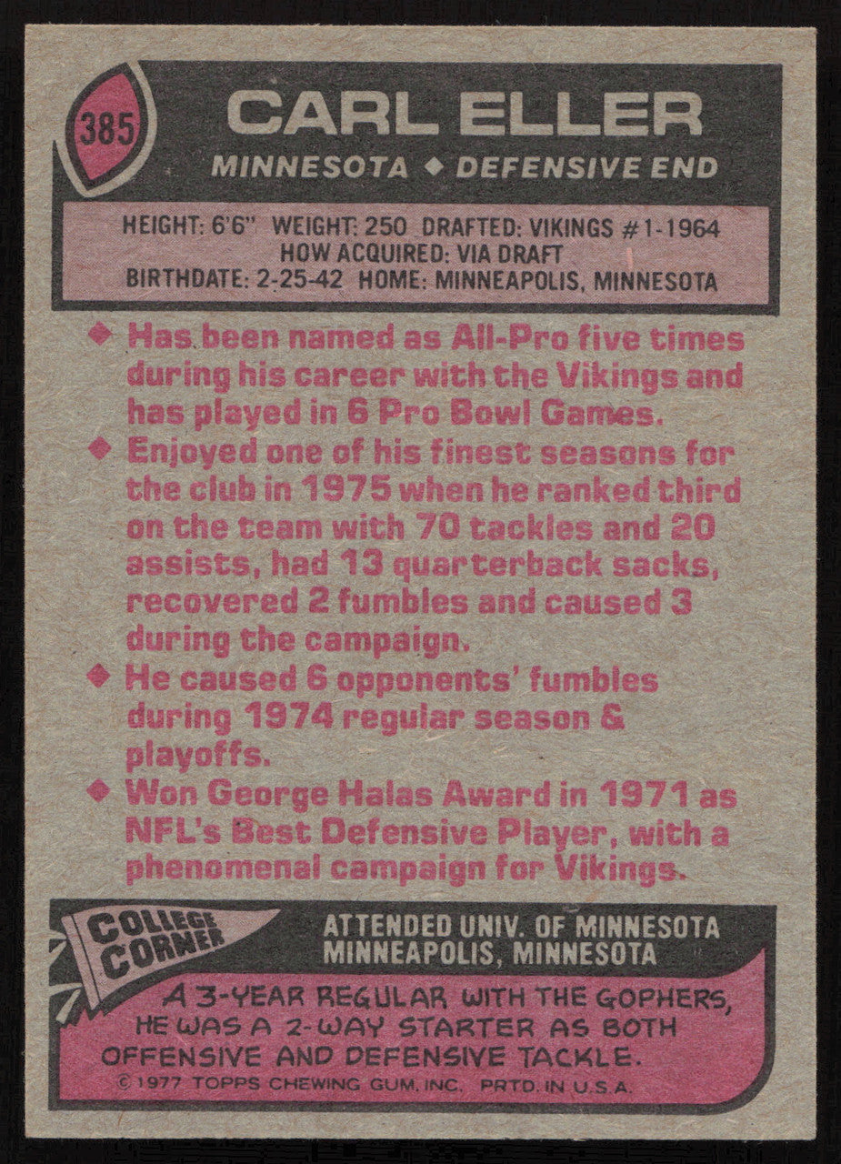 Carl Eller Autographed 1977 Topps Card #385 Minnesota Vikings SKU #259169