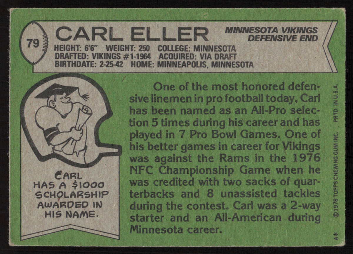 Carl Eller Autographed 1978 Topps Card #79 Minnesota Vikings SKU #259184