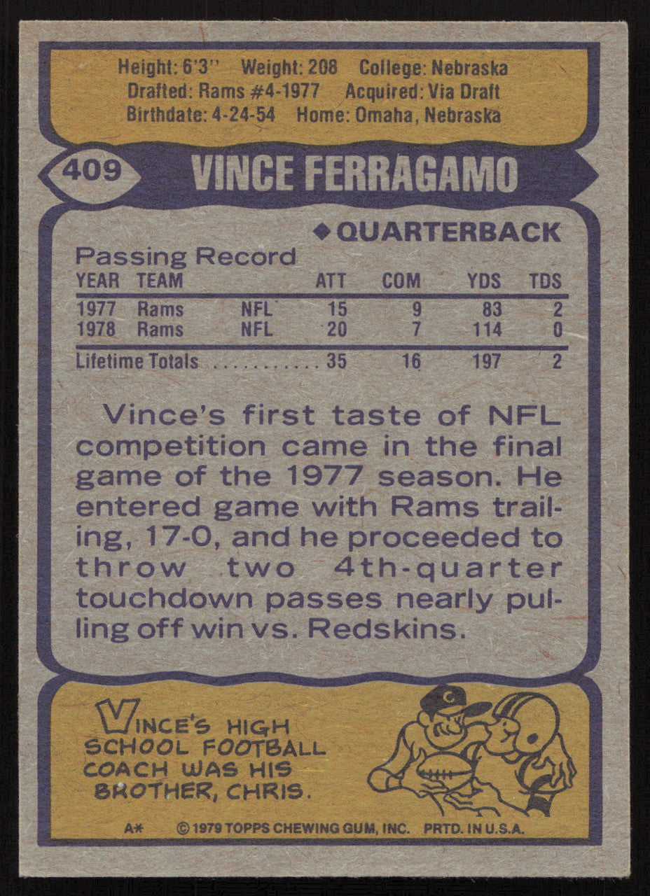 Vince Ferragamo Autographed 1979 Topps Rookie Card #409 Los Angeles Rams SKU #259193