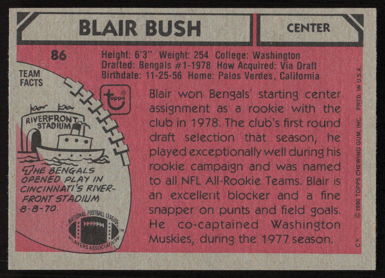 Blair Bush Autographed 1980 Topps Card #86 Cincinnati Bengals SKU #259199