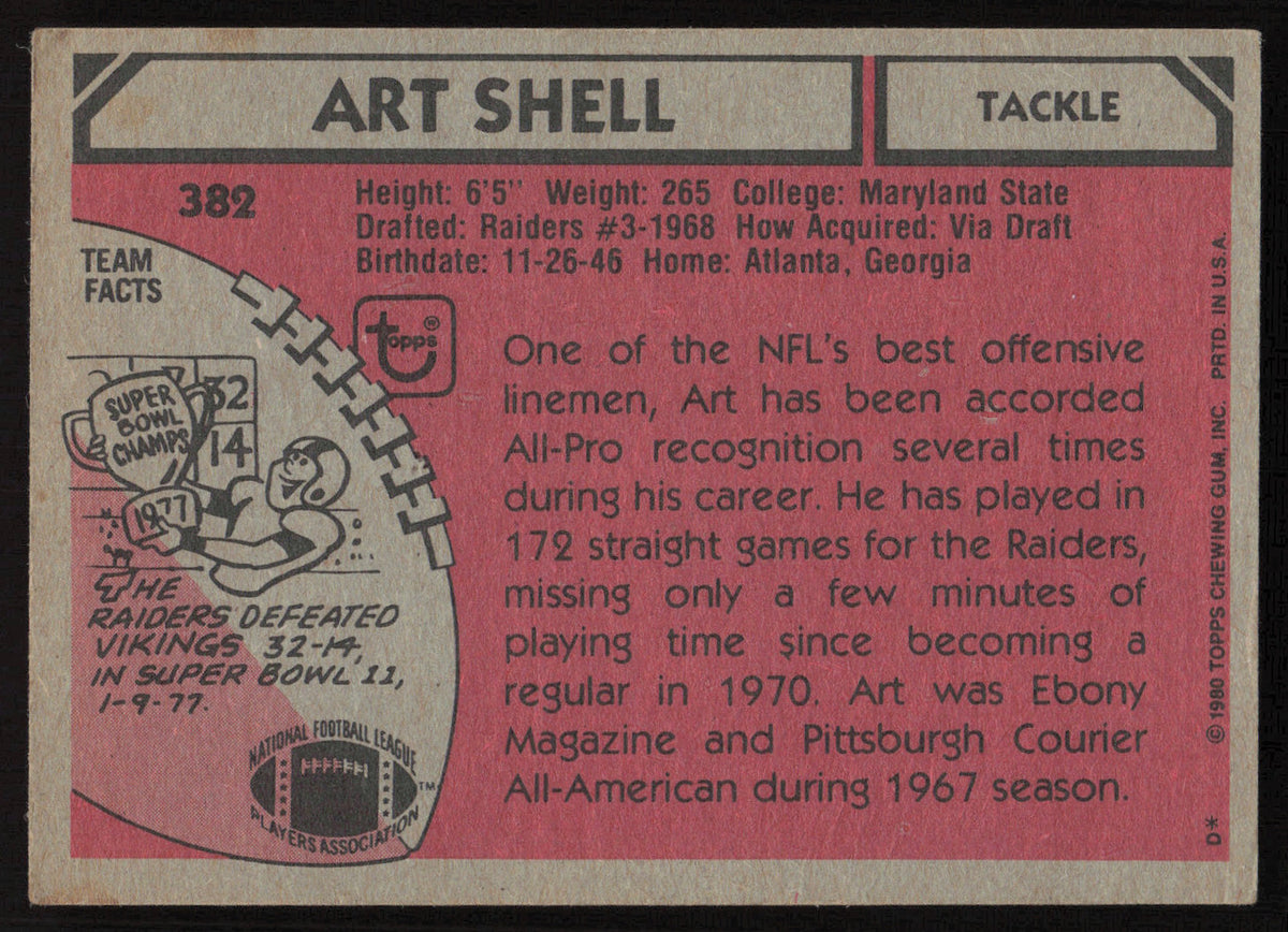 Art Shell Autographed 1980 Topps Card #382 Oakland Raiders SKU #259201