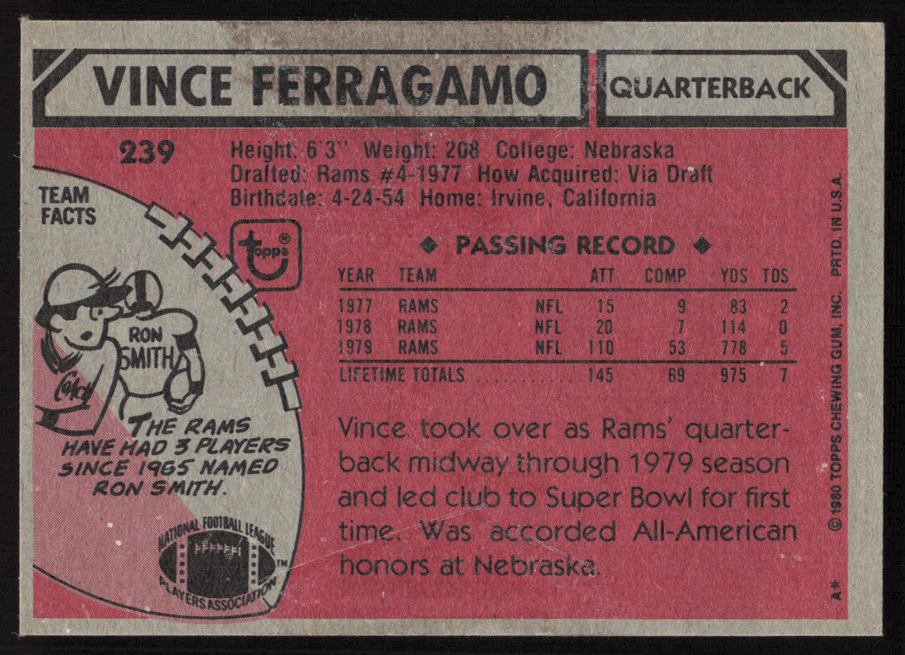 Vince Ferragamo Autographed 1980 Topps Card #239 Los Angeles Rams SKU #259203