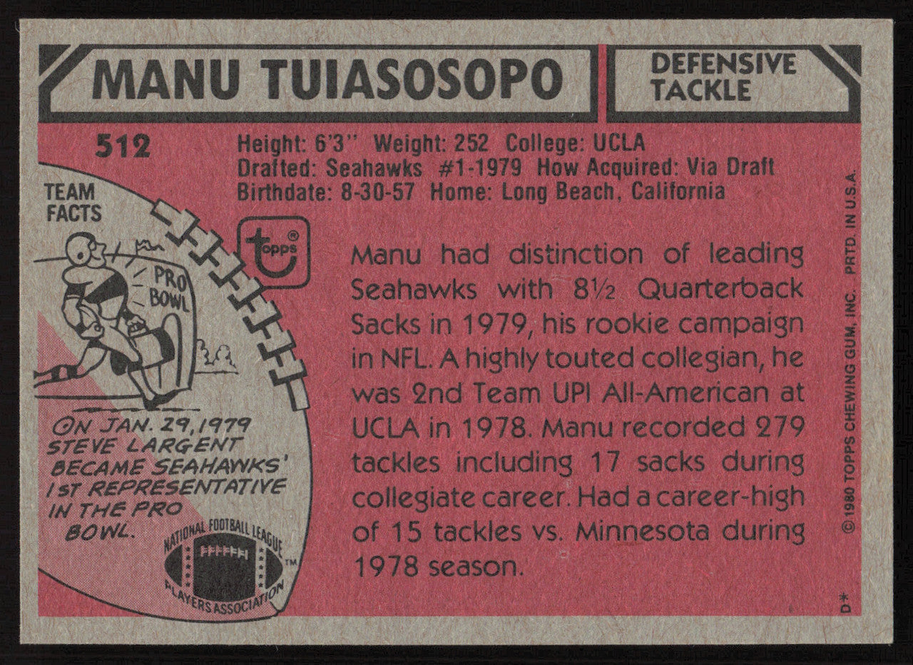 Manu Tuiasosopo Autographed 1980 Topps Rookie Card #512 Seattle Seahawks SKU #259204
