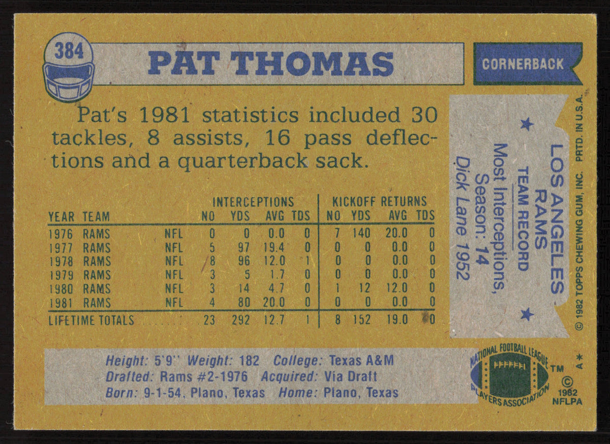 Pat Thomas Autographed 1982 Topps Card #384 Los Angeles Rams SKU #259216