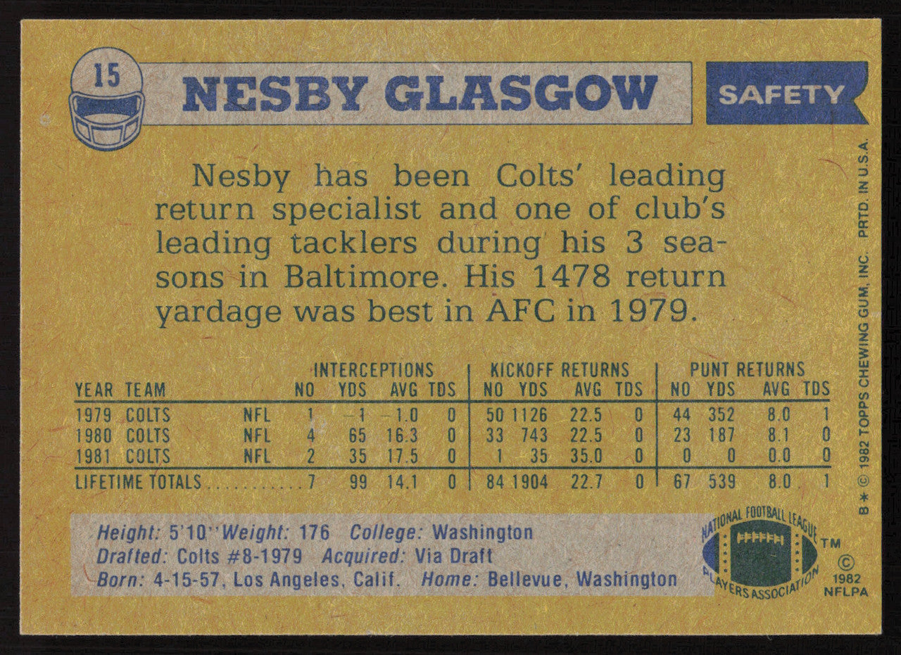 Nesby Glasgow Autographed 1982 Topps Card #15 Baltimore Colts SKU #259218