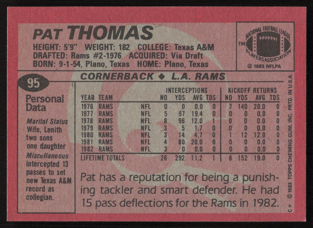 Pat Thomas Autographed 1983 Topps Card #95 Los Angeles Rams SKU #259226