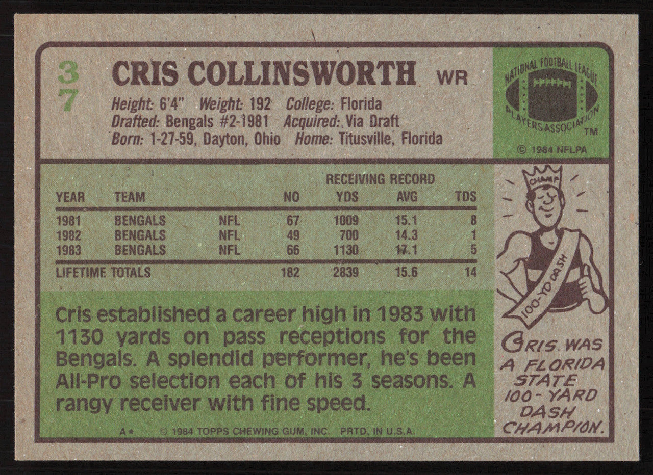 Cris Collinsworth Autographed 1984 Topps Card #37 Cincinnati Bengals SKU #259238