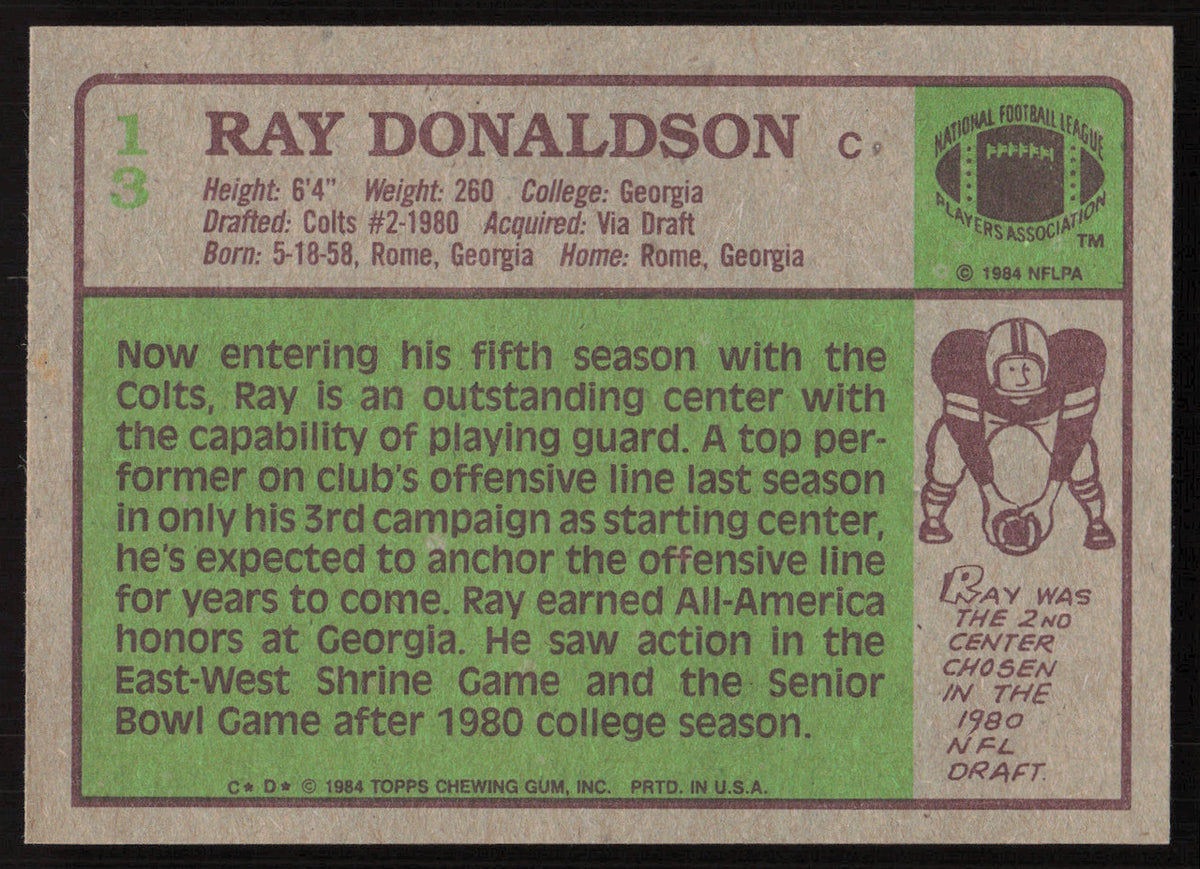 Ray Donaldson Autographed 1984 Topps Rookie Card #13 Baltimore Colts SKU #259245