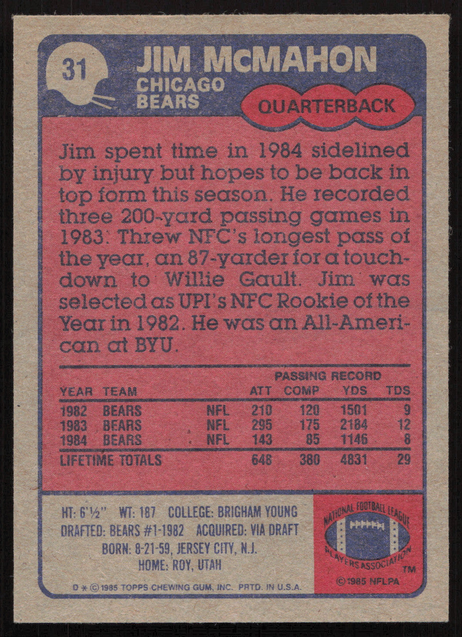 Jim McMahon Autographed 1985 Topps Card #31 Chicago Bears SKU #259250