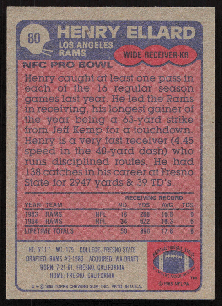 Henry Ellard Autographed 1985 Topps Card #80 Los Angeles Rams SKU #259259