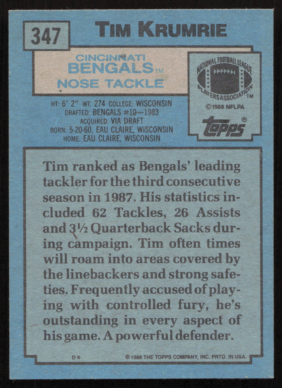 Tim Krumrie Autographed 1988 Topps Rookie Card #347 Cincinnati Bengals SKU #259285