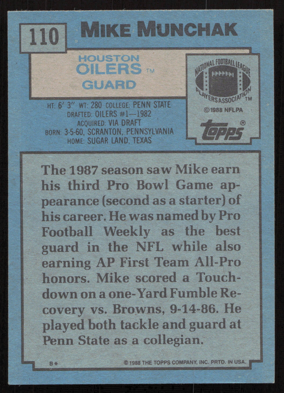 Mike Munchak Autographed 1988 Topps Card #110 Houston Oilers SKU #259287