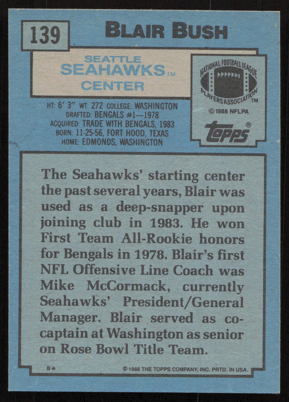 Blair Bush Autographed 1988 Topps Card #139 Seattle Seahawks SKU #259289