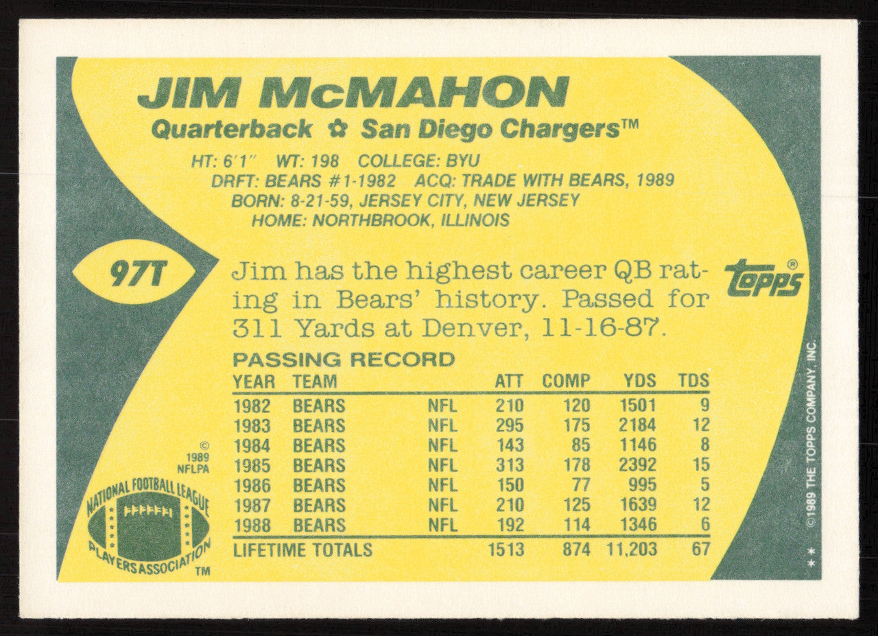 Jim McMahon Autographed 1989 Topps Traded Card #97T San Diego Chargers SKU #259298