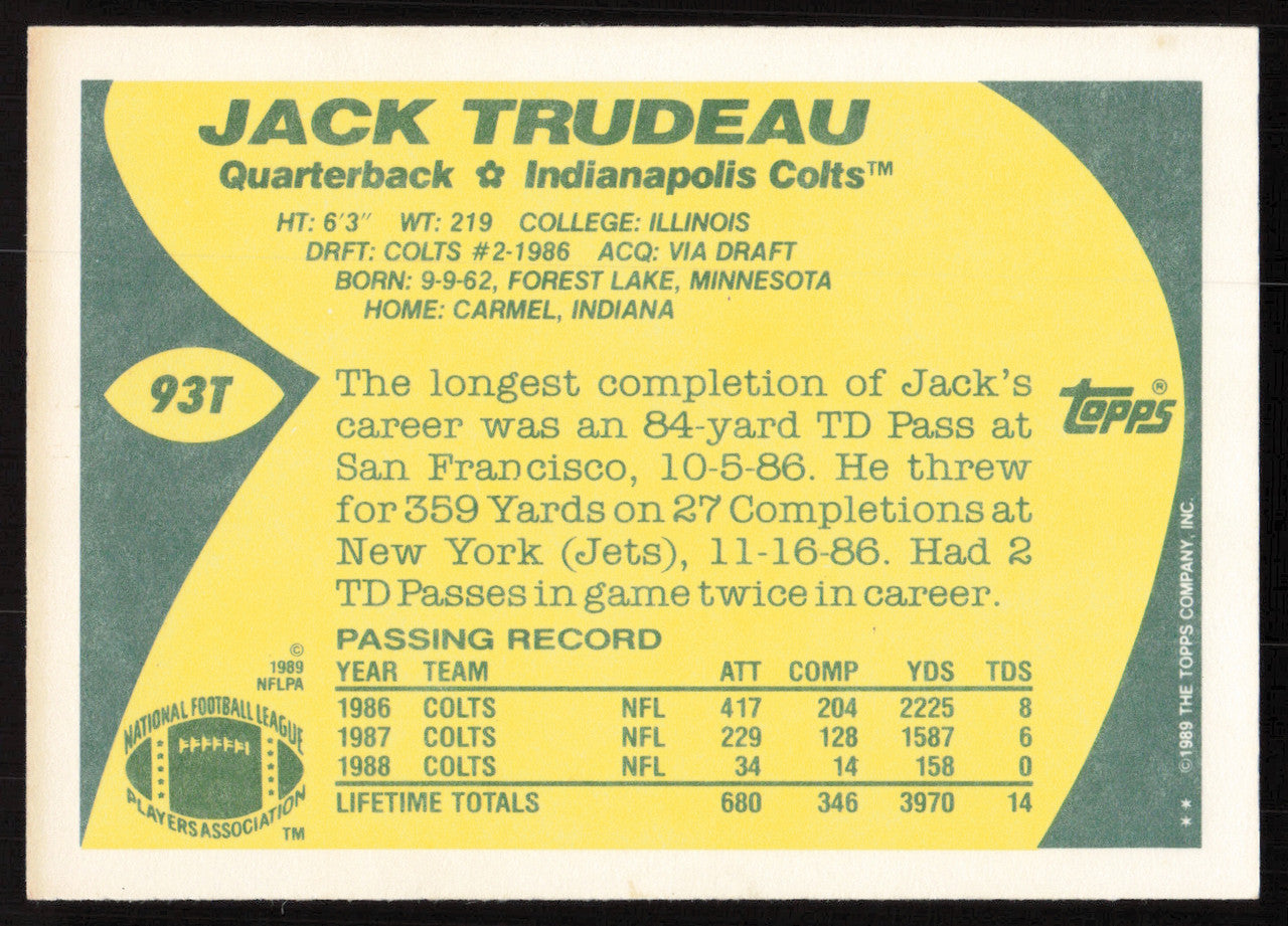 Jack Trudeau Autographed 1989 Topps Traded Card #93T Indianapolis Colts SKU #259303
