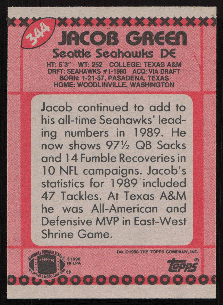 Jacob Green Autographed 1990 Topps Card #344 Seattle Seahawks SKU #259307