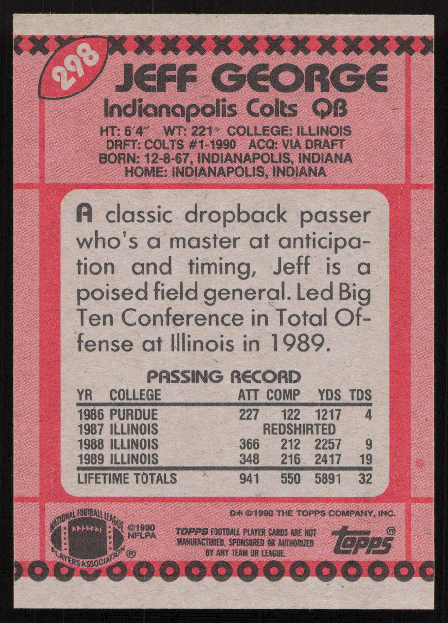 Jeff George Autographed 1990 Topps Rookie Card #298 Indianapolis Colts SKU #259309