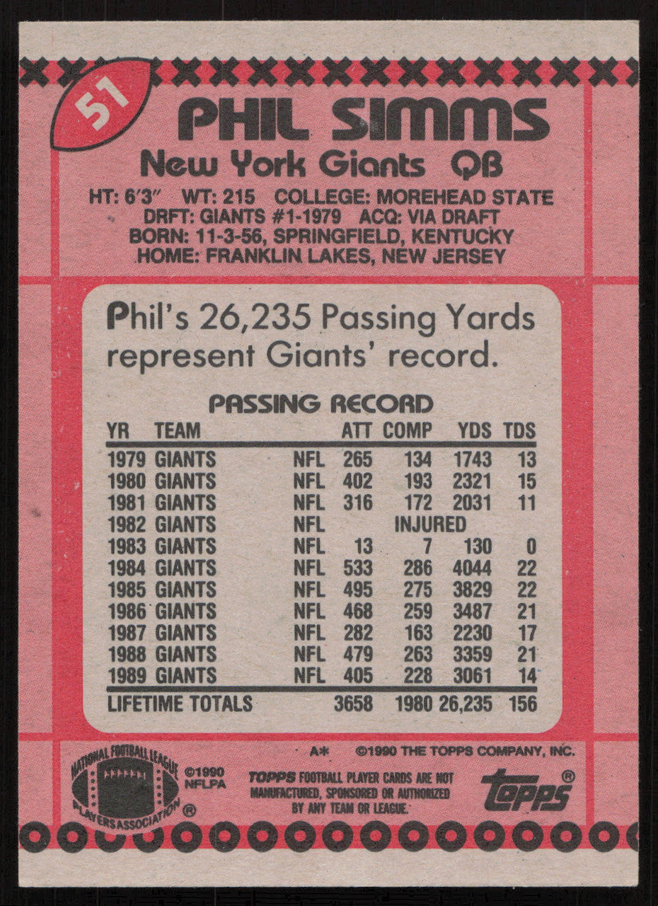 Phil Simms Autographed 1990 Topps Card #51 New York Giants SKU #259310