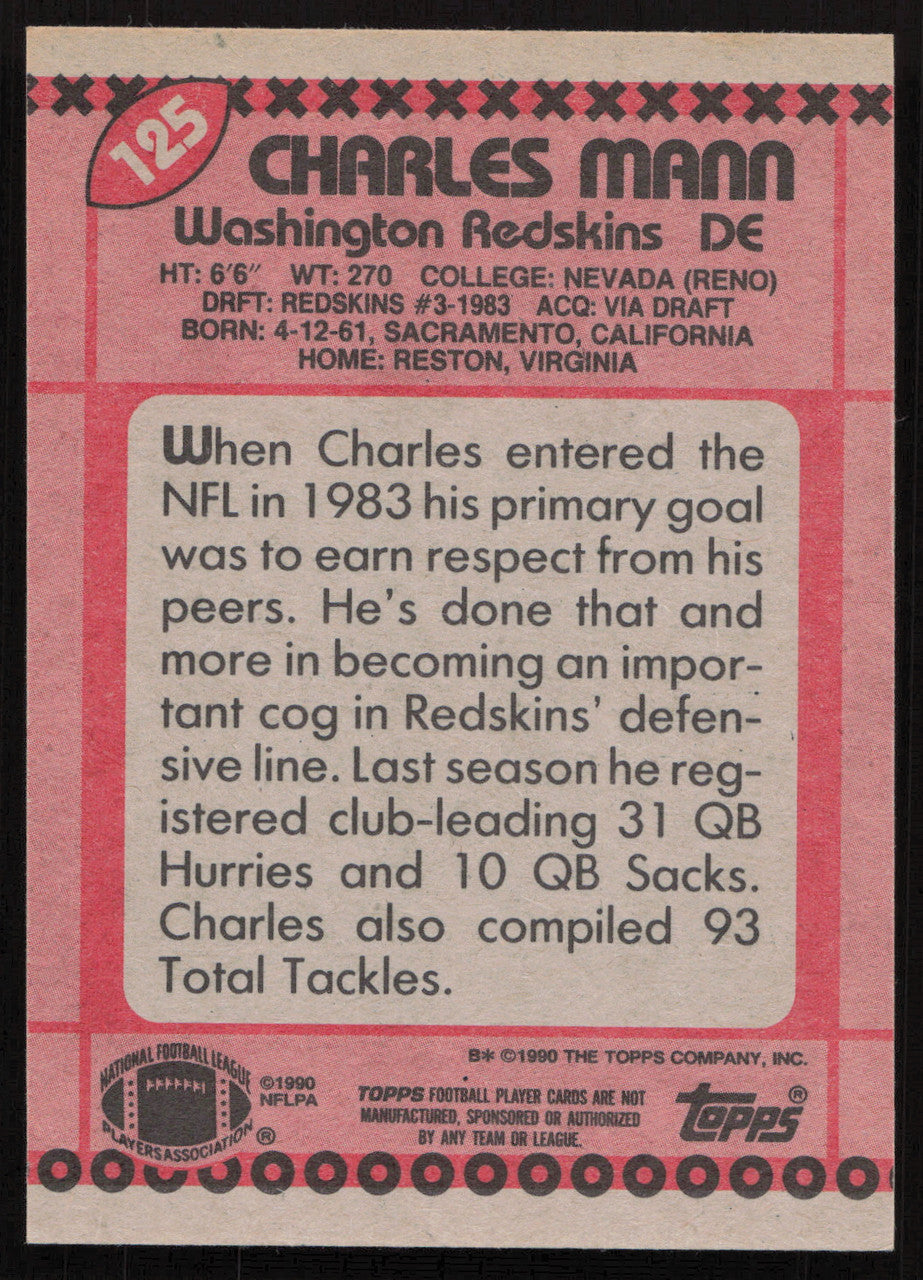 Charles Mann Autographed 1990 Topps Card #125 Washington Redskins SKU #259316