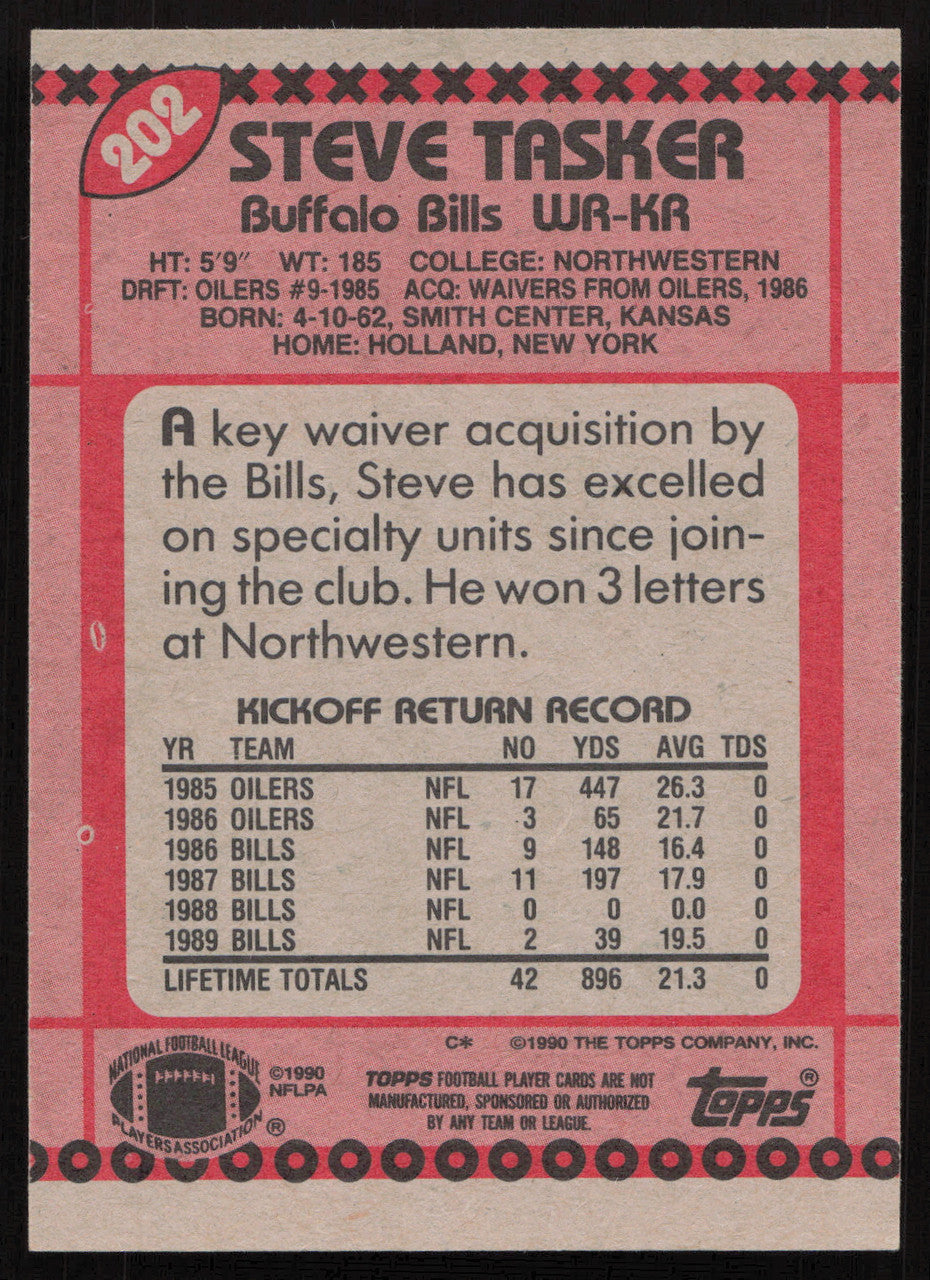 Steve Tasker Autographed 1990 Topps Card #202 Buffalo Bills SKU #259320