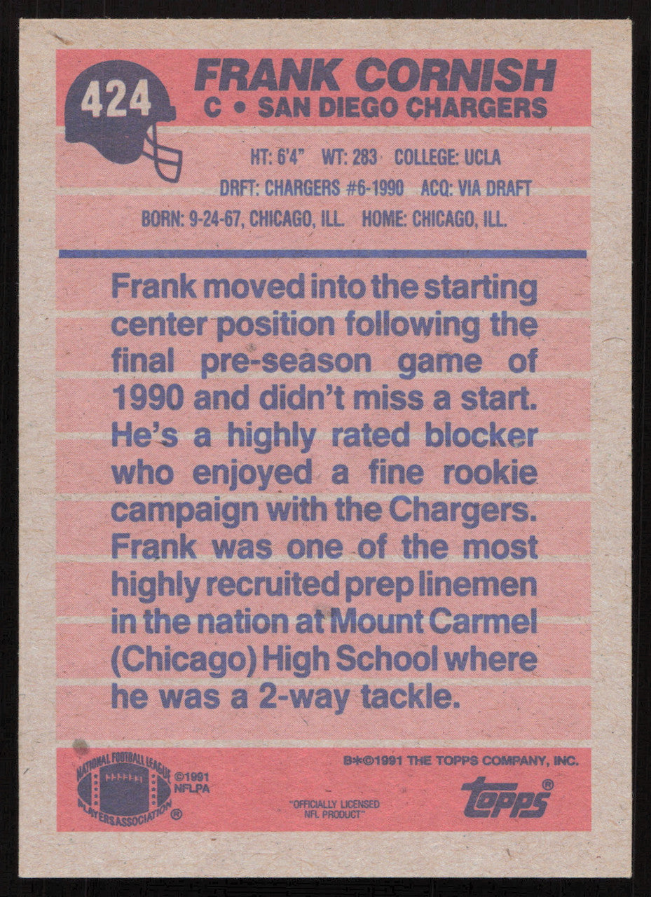 Frank Cornish Autographed 1991 Topps Card #424 San Diego Chargers SKU #259326