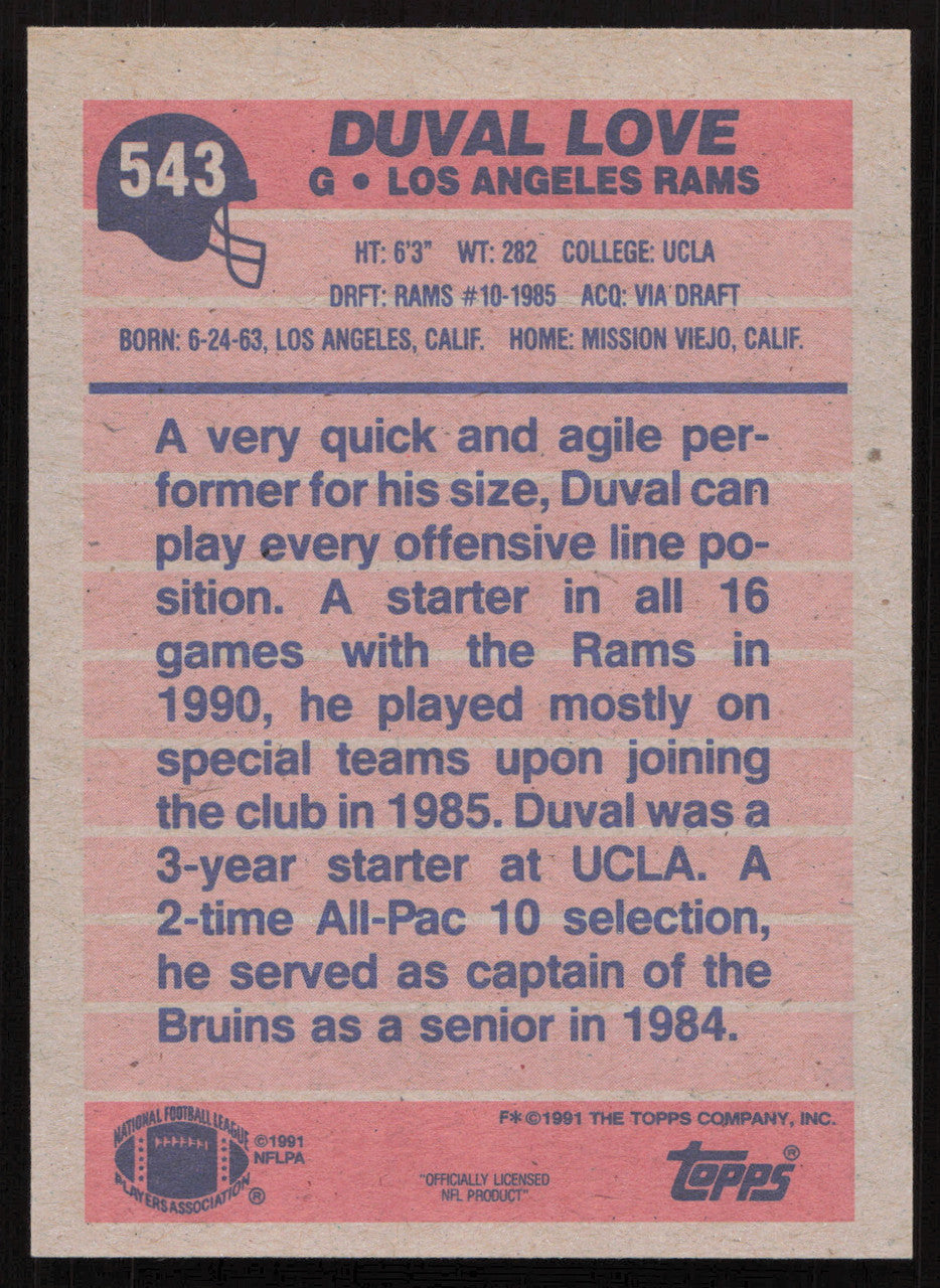 Duval Love Autographed 1991 Topps Card #543 Los Angeles Rams SKU #259327