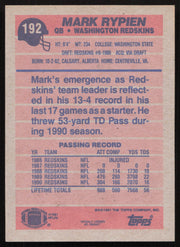 Mark Rypien Autographed 1991 Topps Card #192 Washington Redskins SKU #259332