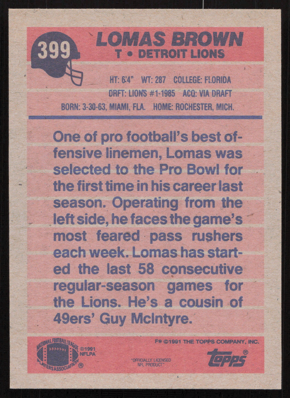 Lomas Brown Autographed 1991 Topps Card #399 Detroit Lions SKU #259333