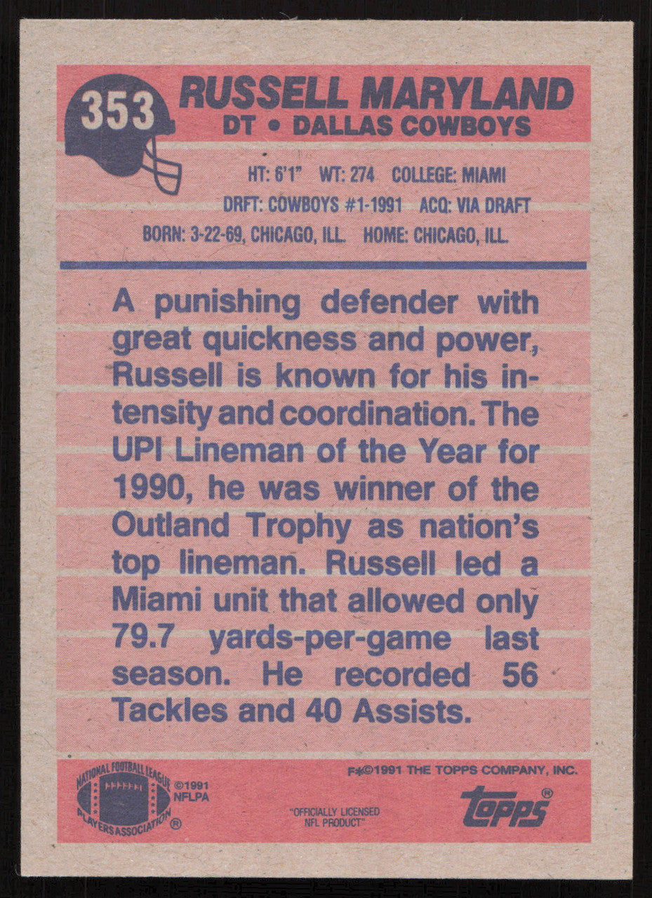 Russell Maryland Autographed 1991 Topps Rookie Card #353 Dallas Cowboys SKU #259335