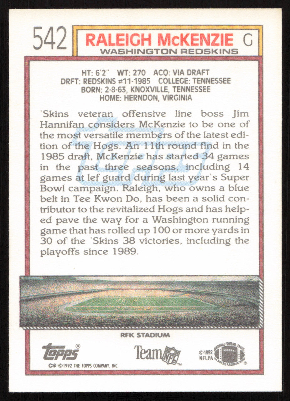 Raleigh McKenzie Autographed 1992 Topps Card #542 Washington Redskins SKU #259336