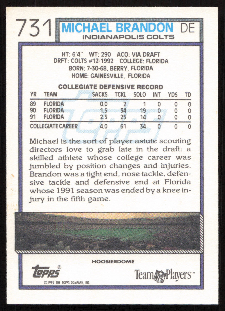 Michael Brandon Autographed 1992 Topps Card #731 Indianapolis Colts SKU #259341