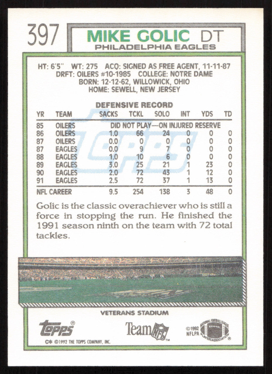 Mike Golic Autographed 1992 Topps Card #397 Philadelphia Eagles SKU #259344