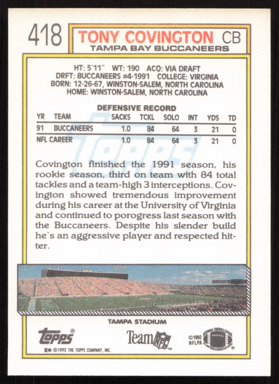 Tony Covington Autographed 1992 Topps Card #418 Tampa Bay Buccaneers SKU #259345