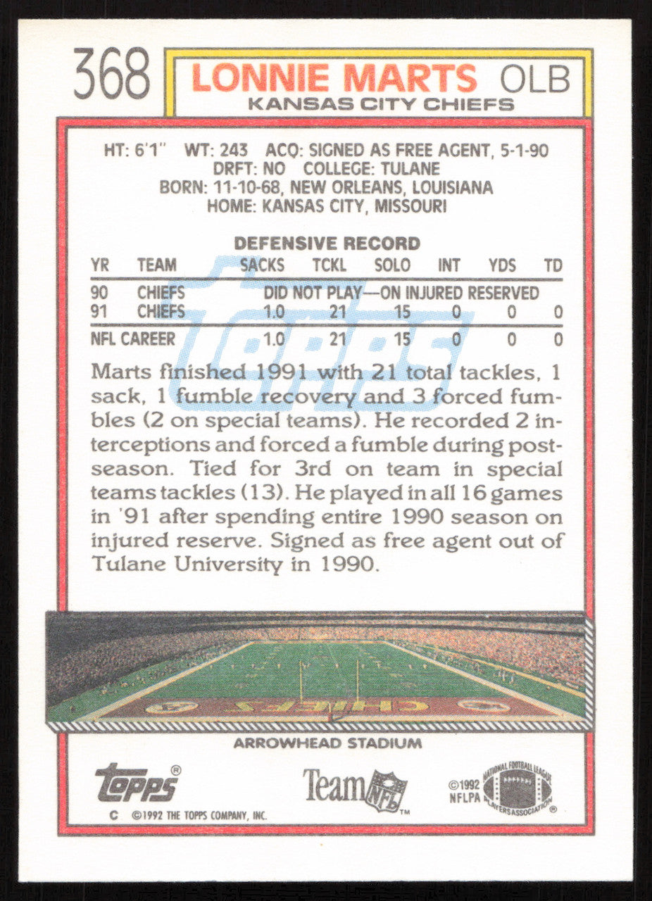 Lonnie Marts Autographed 1992 Topps Card #368 Kansas City Chiefs SKU #259349