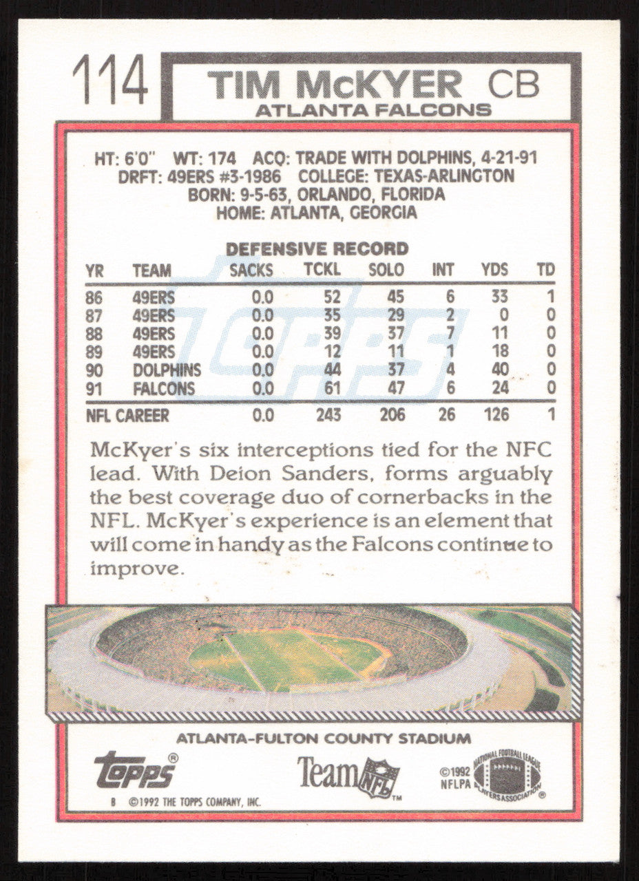 Tim McKyer Autographed 1992 Topps Card #114 Atlanta Falcons SKU #259350